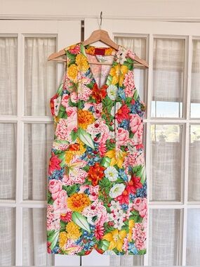 Vintage Kenzo Multicolor Floral Shift Dress in Yellow, Pink, Green, Red
